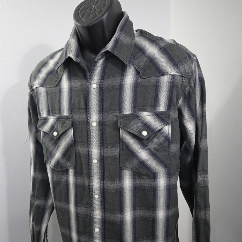 VTG Lucky Brand Western Pearl Snap Shirt Mens Large Gray Plaid Long Sleeve